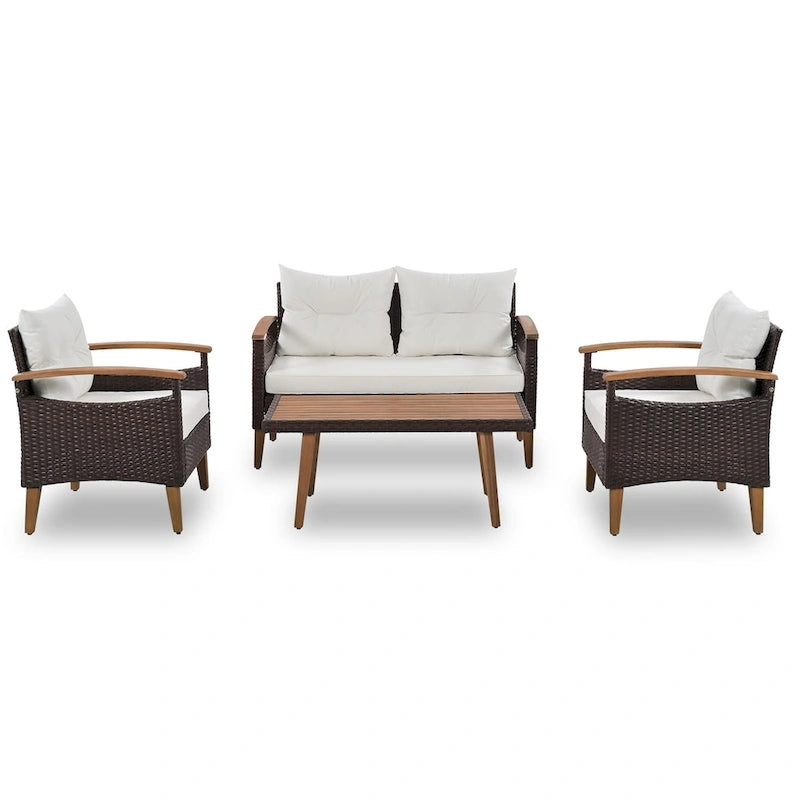 4-Piece Garden Furniture, Patio Seating Set, PE Rattan Outdoor Sofa Set, Wood Table and Legs