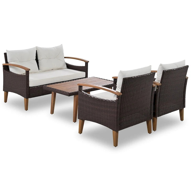 4-Piece Garden Furniture, Patio Seating Set, PE Rattan Outdoor Sofa Set, Wood Table and Legs