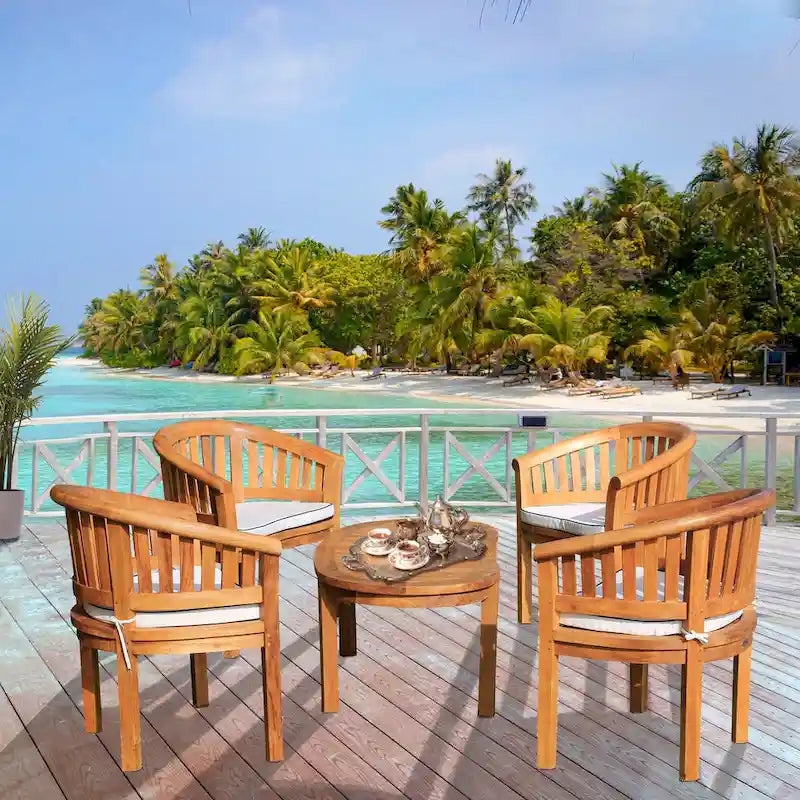 Chic Teak 5 Piece Teak Wood Peanut Patio Conversation Set, 4 Chairs w/ Cushions & Coffee Table