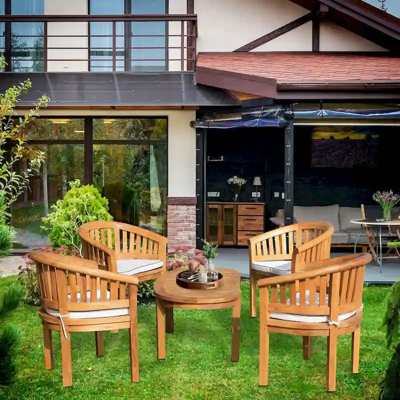 Chic Teak 5 Piece Teak Wood Peanut Patio Conversation Set, 4 Chairs w/ Cushions & Coffee Table
