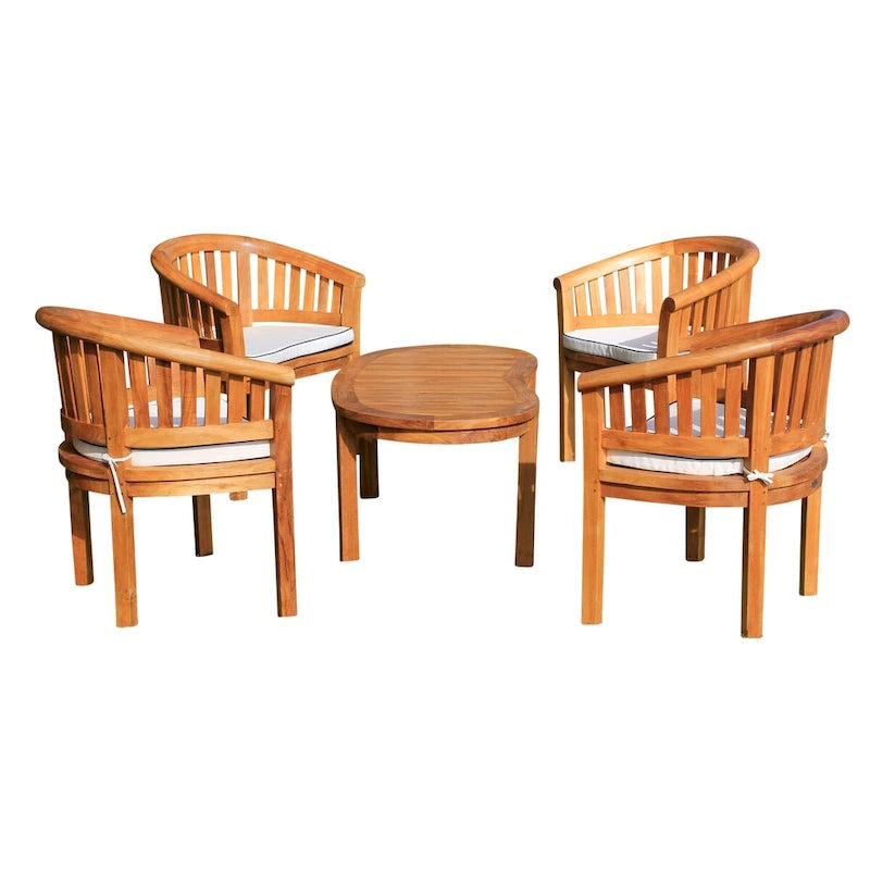 Chic Teak 5 Piece Teak Wood Peanut Patio Conversation Set, 4 Chairs w/ Cushions & Coffee Table