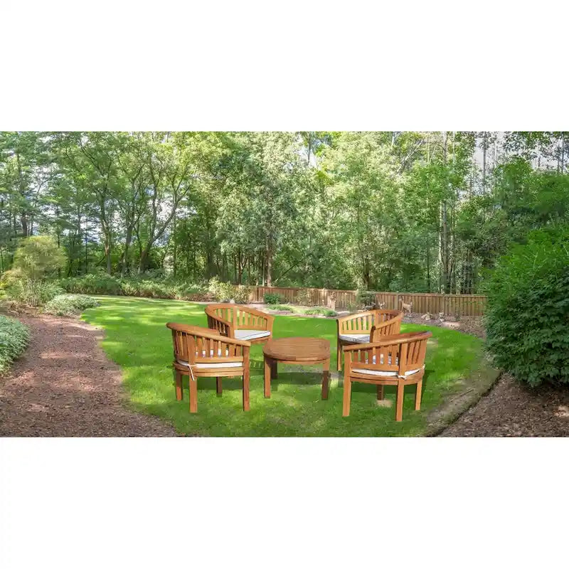 Chic Teak 5 Piece Teak Wood Peanut Patio Conversation Set, 4 Chairs w/ Cushions & Coffee Table