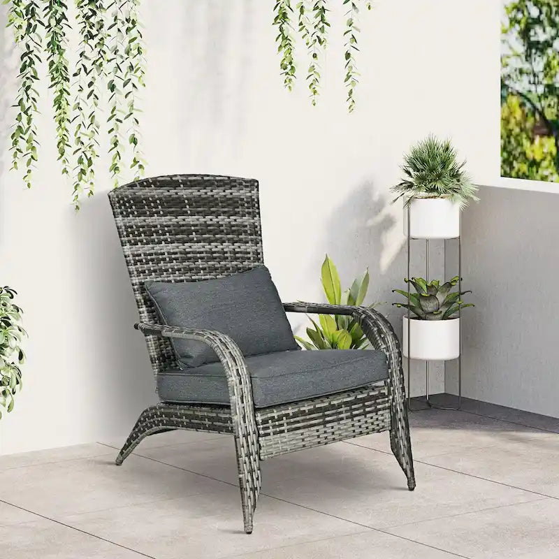 Patio Wicker Adirondack Chair, All-Weather Rattan Fire Pit Chair Soft Cushions, Tall Curved Backrest and Armrests