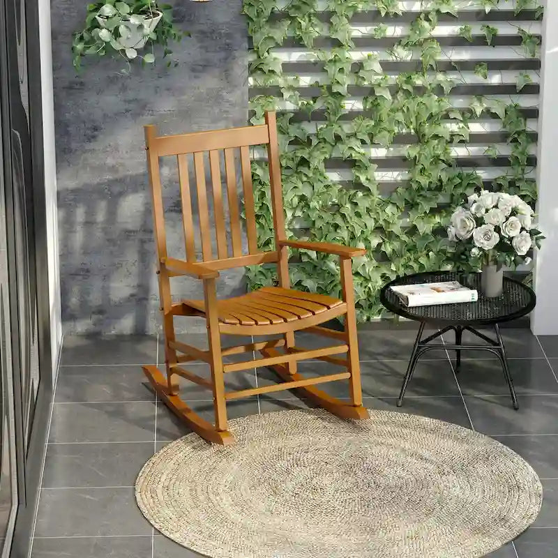 Outdoor Patio Wooden Rocking Chair with Smooth Armrests & High Back