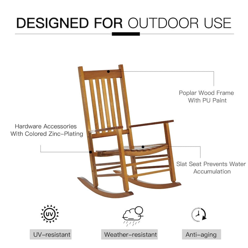 Outdoor Patio Wooden Rocking Chair with Smooth Armrests & High Back