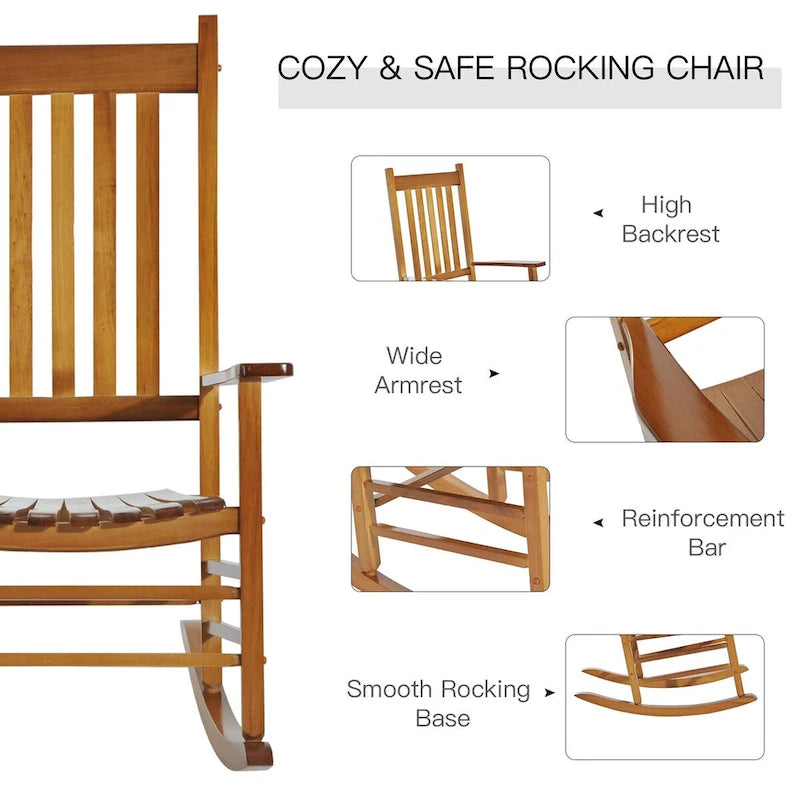 Outdoor Patio Wooden Rocking Chair with Smooth Armrests & High Back