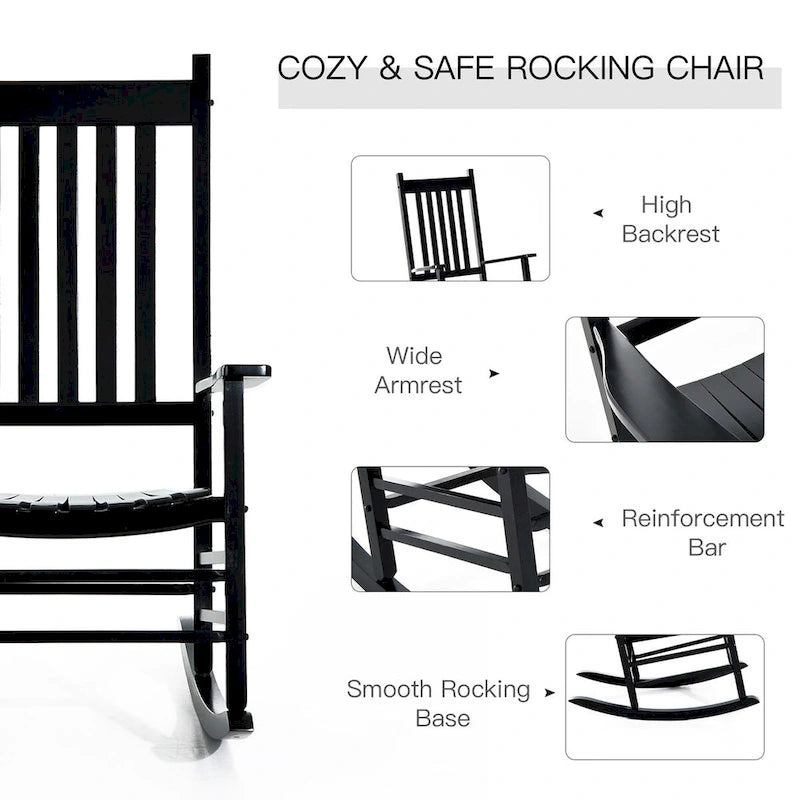Outdoor Patio Wooden Rocking Chair with Smooth Armrests & High Back
