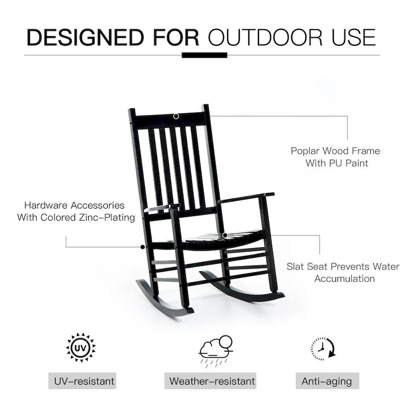 Outdoor Patio Wooden Rocking Chair with Smooth Armrests & High Back