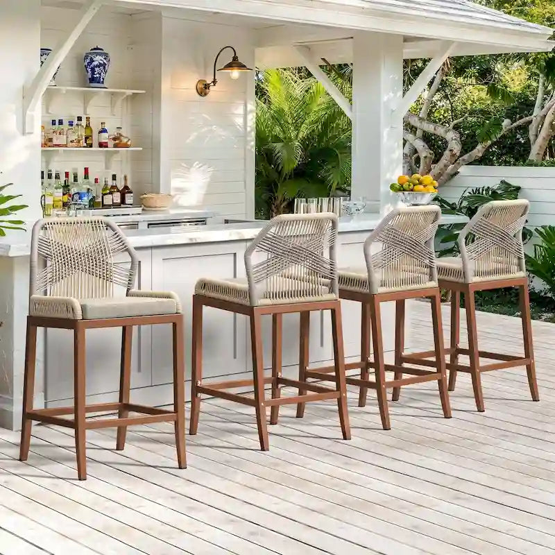 Modern Aluminum Twill Woven Outdoor Bar Stool, Counter Height Chair with Back and Cushion - 40.6 H