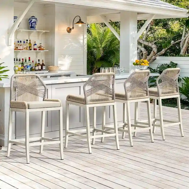Modern Aluminum Twill Woven Outdoor Bar Stool, Counter Height Chair with Back and Cushion - 40.6 H