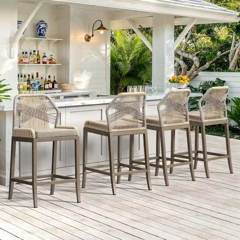 Modern Aluminum Twill Woven Outdoor Bar Stool, Counter Height Chair with Back and Cushion - 40.6 H