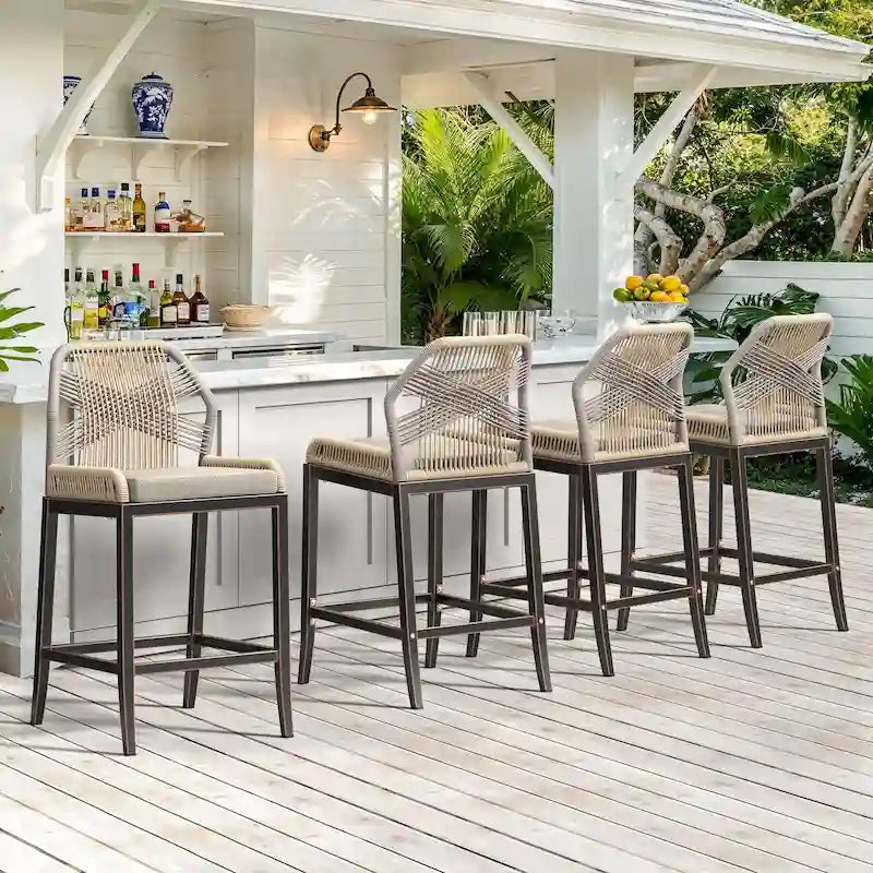 Modern Aluminum Twill Woven Outdoor Bar Stool, Counter Height Chair with Back and Cushion - 40.6 H