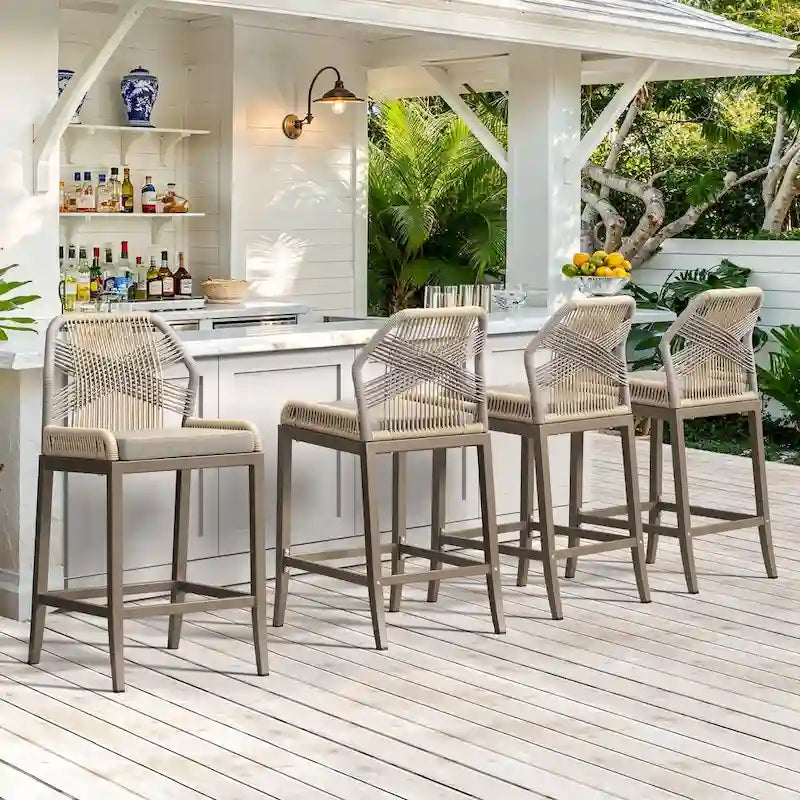 Modern Aluminum Twill Woven Outdoor Bar Stool, Counter Height Chair with Back and Cushion - 40.6 H