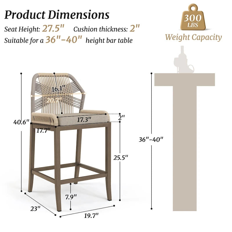Modern Aluminum Twill Woven Outdoor Bar Stool, Counter Height Chair with Back and Cushion - 40.6 H