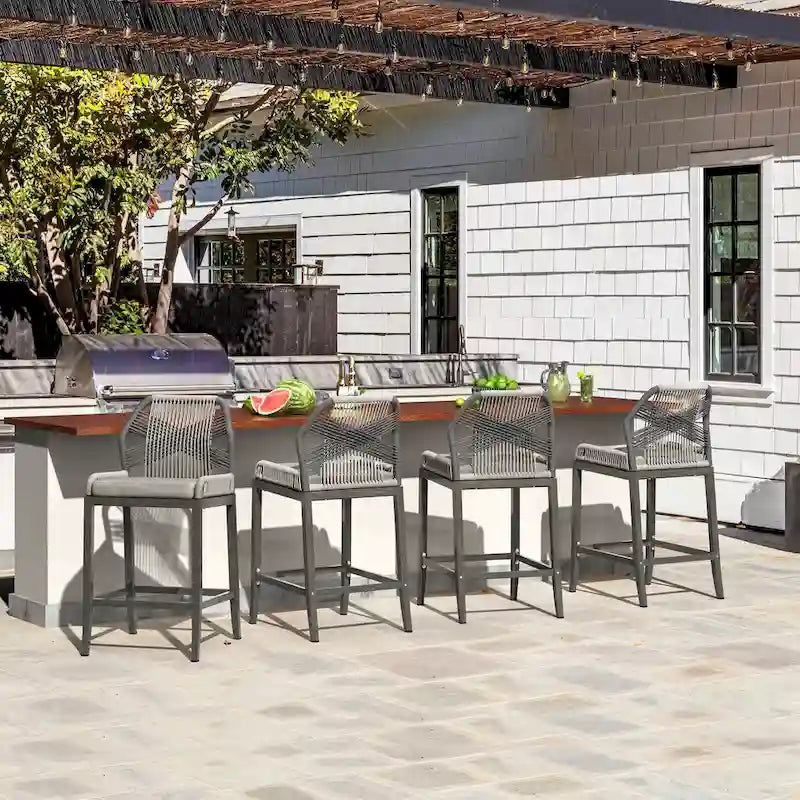 Modern Aluminum Twill Woven Outdoor Bar Stool, Counter Height Chair with Back and Cushion - 40.6 H