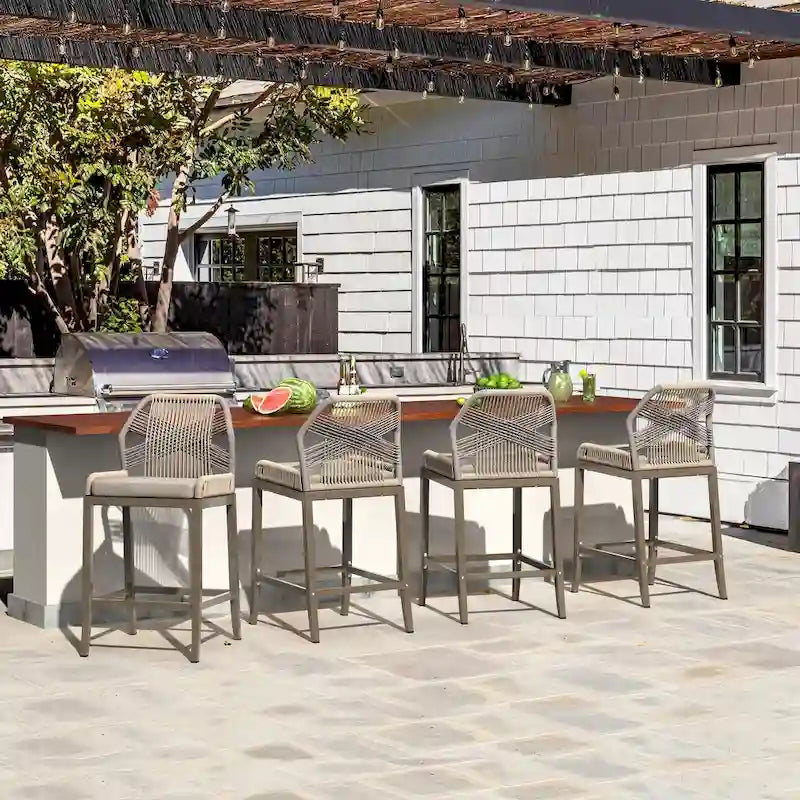 Modern Aluminum Twill Woven Outdoor Bar Stool, Counter Height Chair with Back and Cushion - 40.6 H