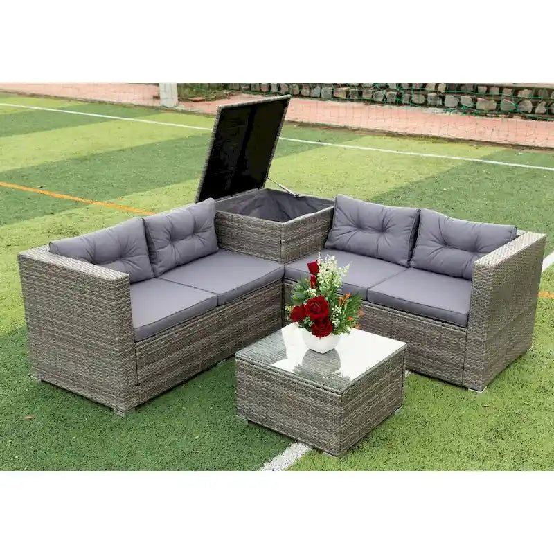 Grey 4-Piece Patio Sectional Wicker Rattan Outdoor Furniture Sofa Set with Storage Box - 47.2   x 25.6   x 25.6  