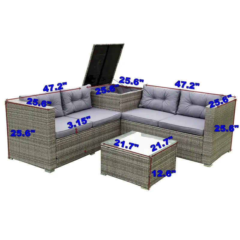 Grey 4-Piece Patio Sectional Wicker Rattan Outdoor Furniture Sofa Set with Storage Box - 47.2   x 25.6   x 25.6