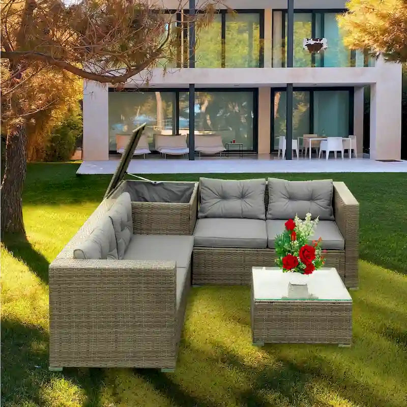 Grey 4-Piece Patio Sectional Wicker Rattan Outdoor Furniture Sofa Set with Storage Box - 47.2   x 25.6   x 25.6