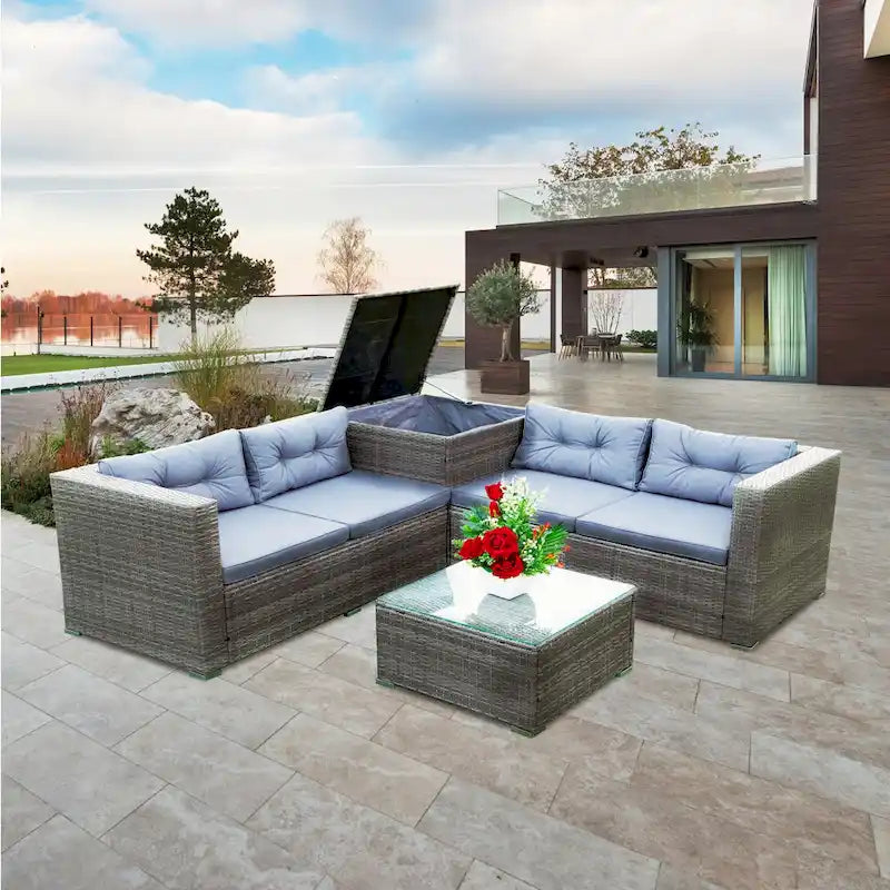 Grey 4-Piece Patio Sectional Wicker Rattan Outdoor Furniture Sofa Set with Storage Box - 47.2   x 25.6   x 25.6