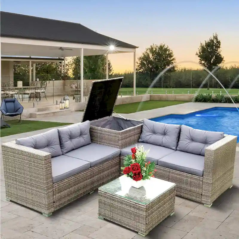 Grey 4-Piece Patio Sectional Wicker Rattan Outdoor Furniture Sofa Set with Storage Box - 47.2   x 25.6   x 25.6