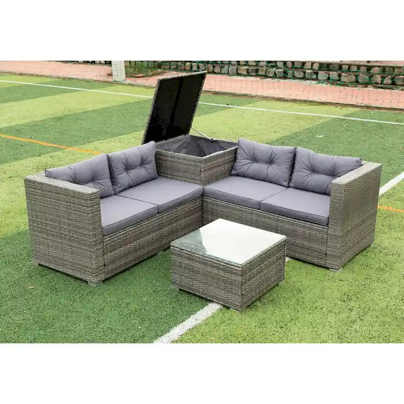 Grey 4-Piece Patio Sectional Wicker Rattan Outdoor Furniture Sofa Set with Storage Box - 47.2   x 25.6   x 25.6