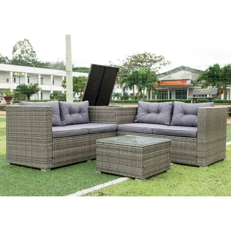 Grey 4-Piece Patio Sectional Wicker Rattan Outdoor Furniture Sofa Set with Storage Box - 47.2   x 25.6   x 25.6