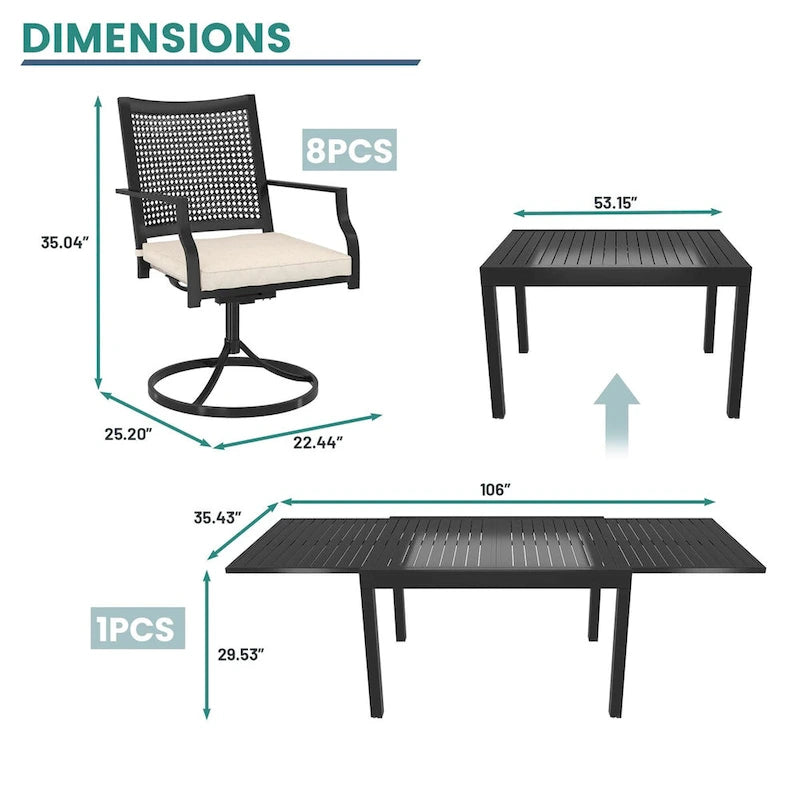 Aluminum Patio Extendable Dining Table with Chair (set of 9)