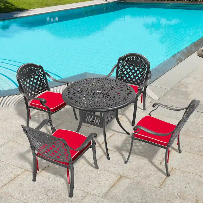 3/5-Piece Cast Aluminum Outdoor Dining Set with 35.43 in. Round Table and Random Color Seat Cushions