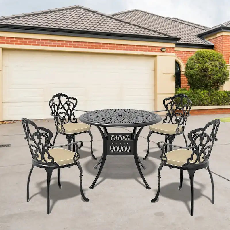 3/5-Piece Cast Aluminum Outdoor Dining Set with 35.43 in. Round Table and Random Color Seat Cushions