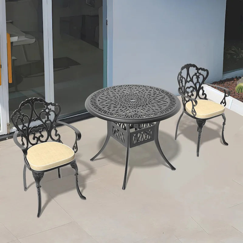 3/5-Piece Cast Aluminum Outdoor Dining Set with 35.43 in. Round Table and Random Color Seat Cushions