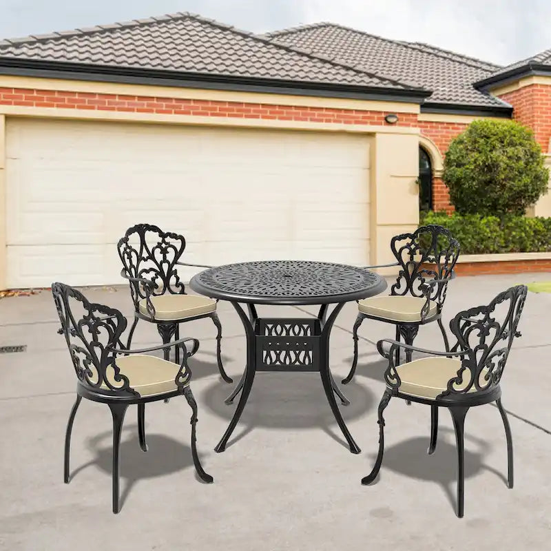 3/5-Piece Cast Aluminum Outdoor Dining Set with 35.43 in. Round Table and Random Color Seat Cushions