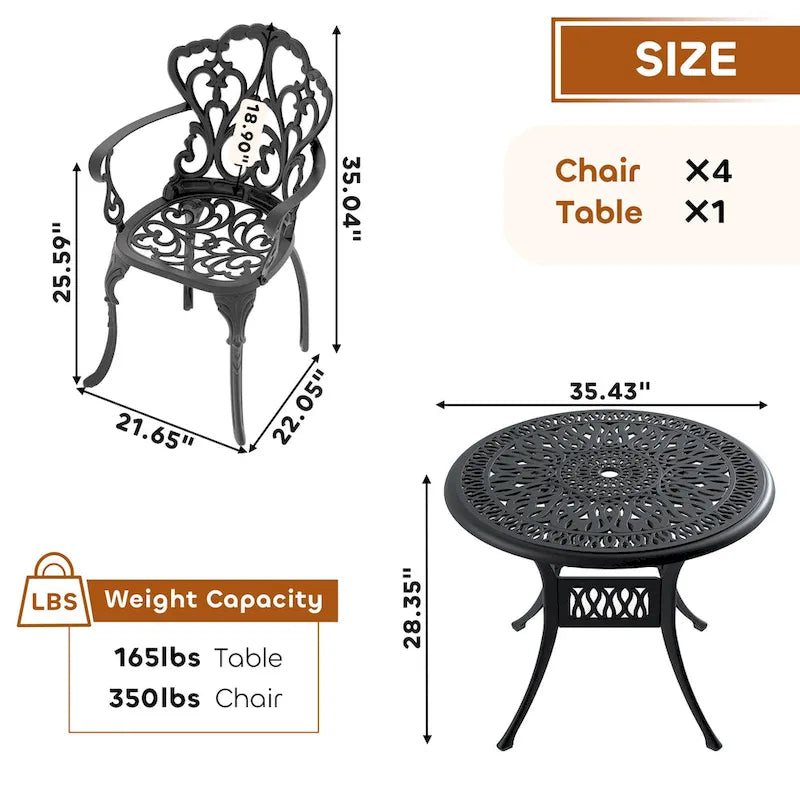 3/5-Piece Cast Aluminum Outdoor Dining Set with 35.43 in. Round Table and Random Color Seat Cushions