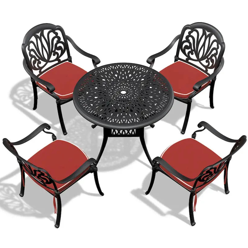 3/5-Piece Cast Aluminum Outdoor Dining Set with 35.43 in. Round Table and Random Color Seat Cushions