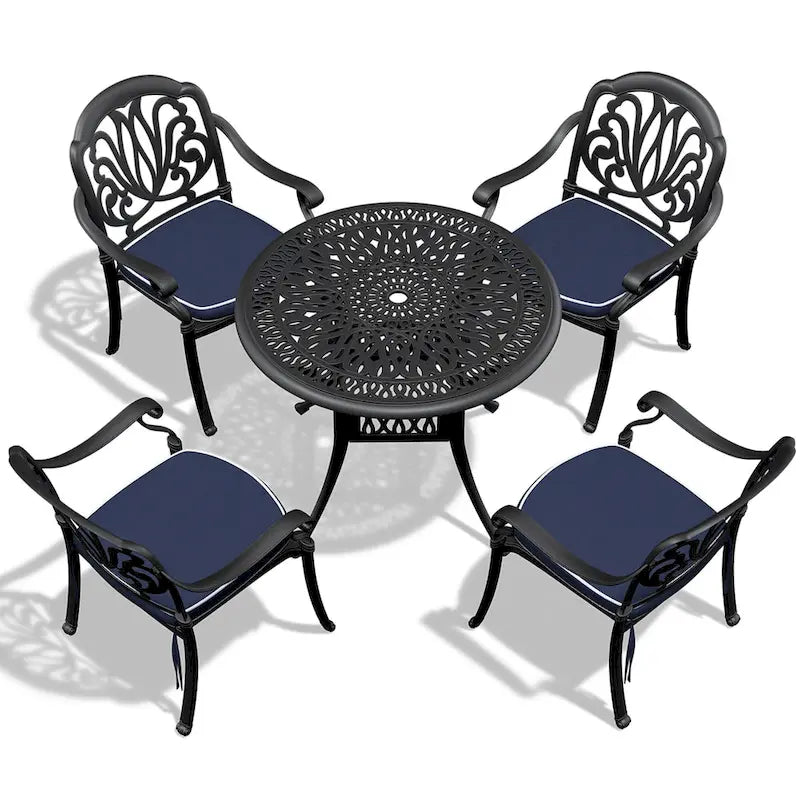 3/5-Piece Cast Aluminum Outdoor Dining Set with 35.43 in. Round Table and Random Color Seat Cushions