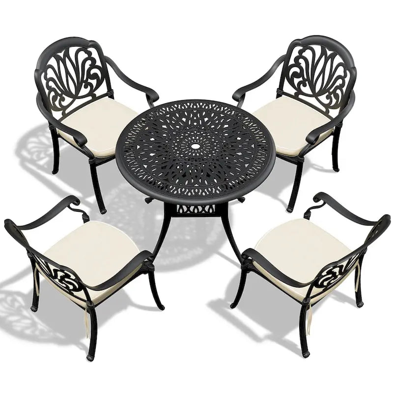3/5-Piece Cast Aluminum Outdoor Dining Set with 35.43 in. Round Table and Random Color Seat Cushions