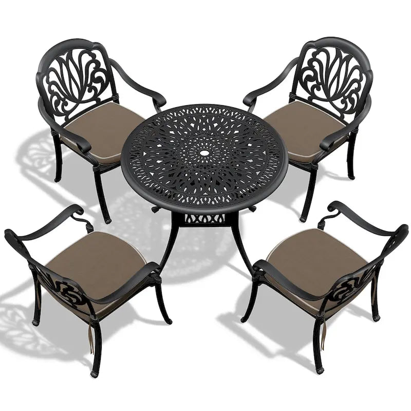3/5-Piece Cast Aluminum Outdoor Dining Set with 35.43 in. Round Table and Random Color Seat Cushions