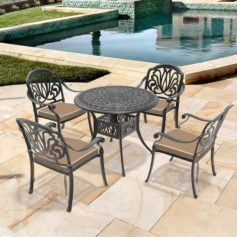 3/5-Piece Cast Aluminum Outdoor Dining Set with 35.43 in. Round Table and Random Color Seat Cushions