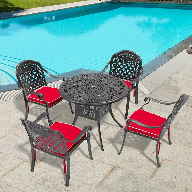 3/5-Piece Cast Aluminum Outdoor Dining Set with 35.43 in. Round Table and Random Color Seat Cushions