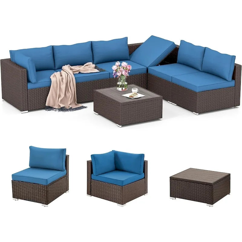 Modular Outdoor Wicker Patio Conversation Set with Table and Sofa, Suitable for patio, garden, outdoor, poolside