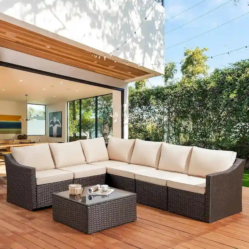 Modular Outdoor Wicker Patio Conversation Set with Table and Sofa, Suitable for patio, garden, outdoor, poolside