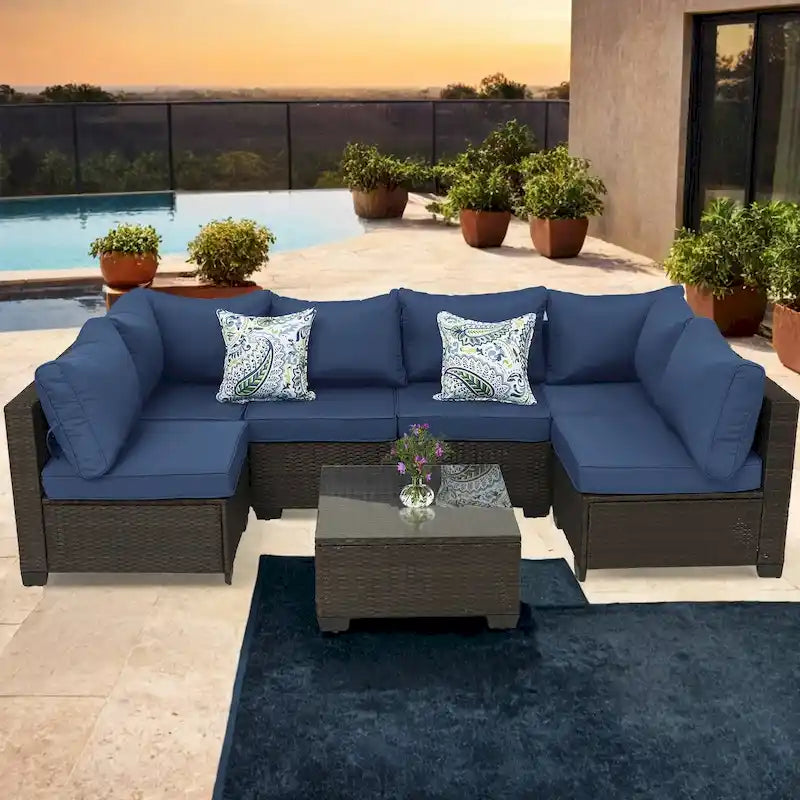 Modular Outdoor Wicker Patio Conversation Set with Table and Sofa, Suitable for patio, garden, outdoor, poolside