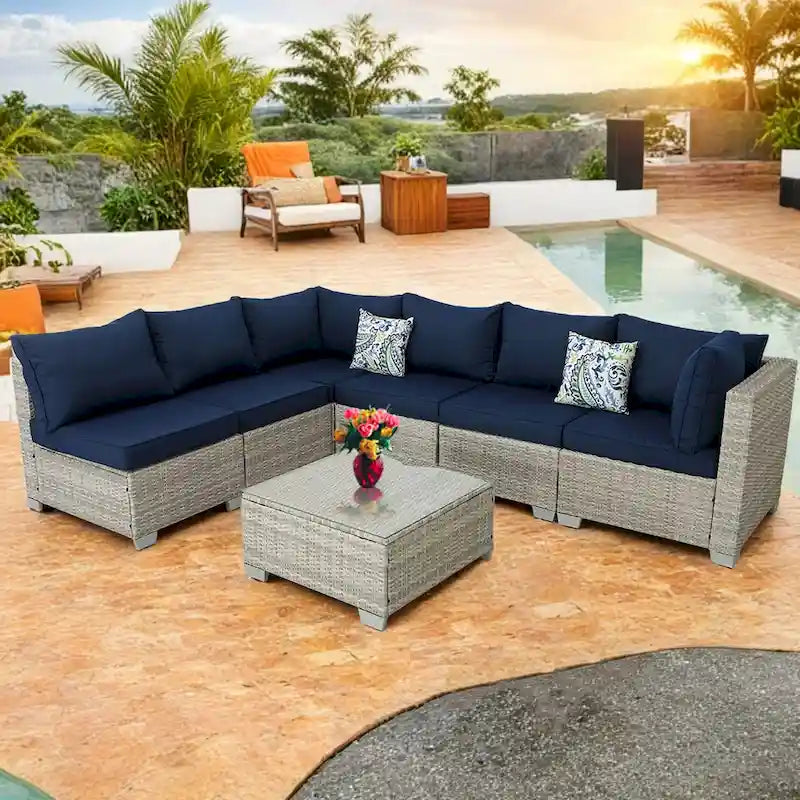 Modular Outdoor Wicker Patio Conversation Set with Table and Sofa, Suitable for patio, garden, outdoor, poolside