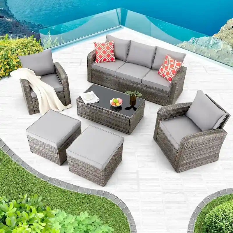 Modular Outdoor Wicker Patio Conversation Set with Table and Sofa, Suitable for patio, garden, outdoor, poolside
