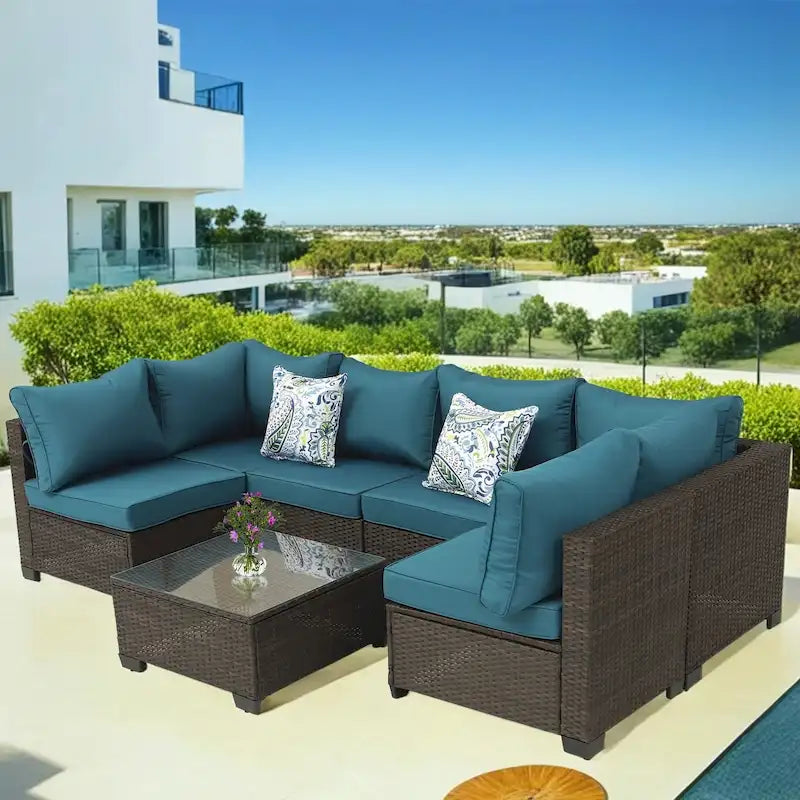 Modular Outdoor Wicker Patio Conversation Set with Table and Sofa, Suitable for patio, garden, outdoor, poolside