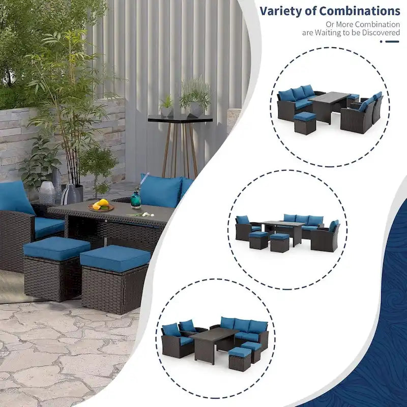 Modular Outdoor Wicker Patio Conversation Set with Table and Sofa, Suitable for patio, garden, outdoor, poolside