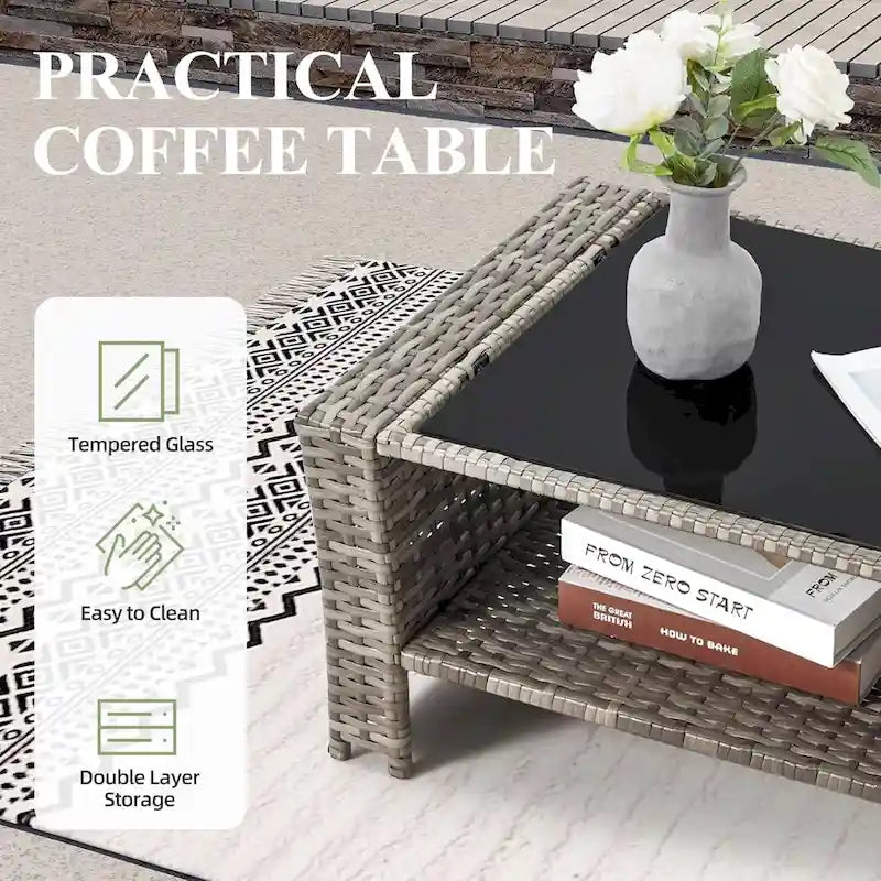 Modular Outdoor Wicker Patio Conversation Set with Table and Sofa, Suitable for patio, garden, outdoor, poolside