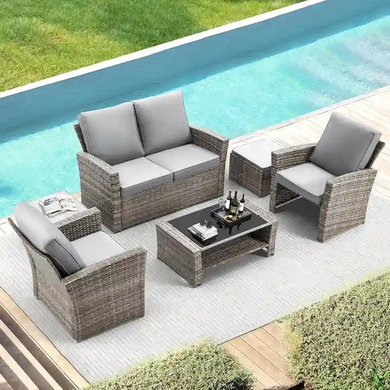 Modular Outdoor Wicker Patio Conversation Set with Table and Sofa, Suitable for patio, garden, outdoor, poolside