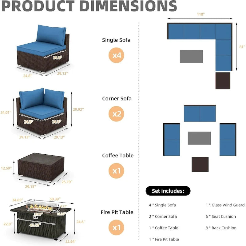 Modular Outdoor Wicker Patio Conversation Set with Table and Sofa, Suitable for patio, garden, outdoor, poolside