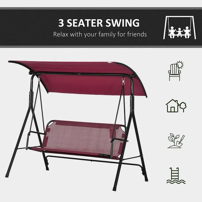 3-Person Porch Swing Bench with Stand, Adjustable Canopy & Armrests